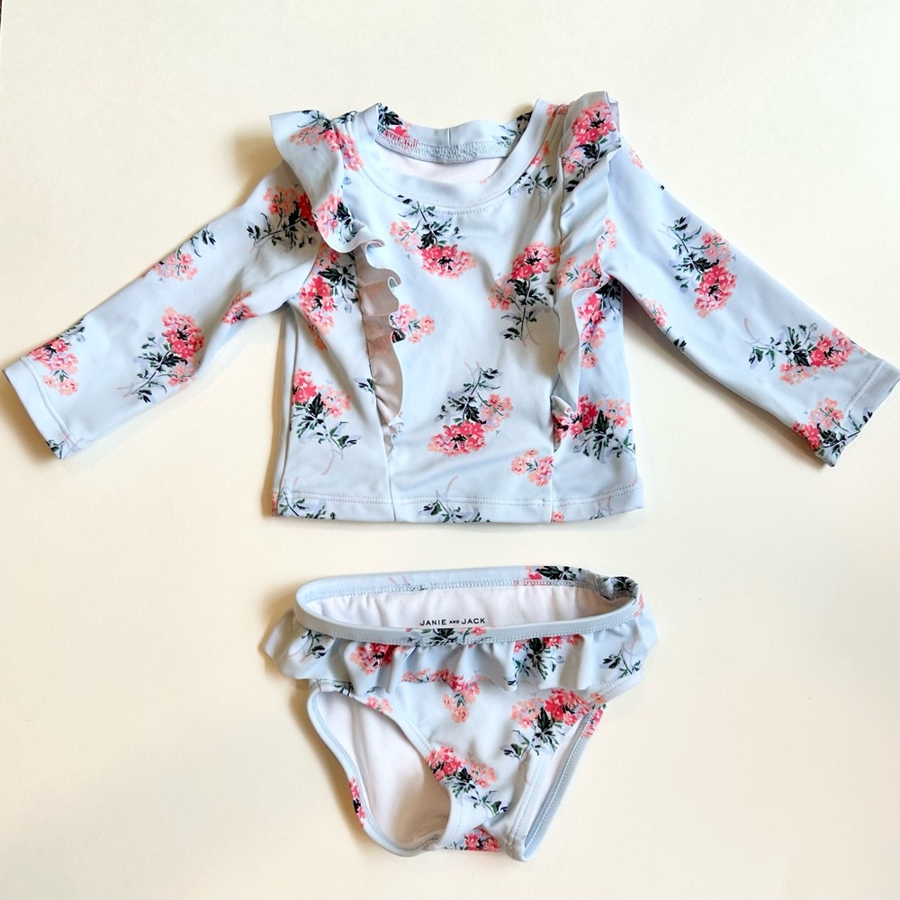 Janie and Jack Baby Floral Rash Guard Set Cool Sky Newborn Girls, 3-6 Months
